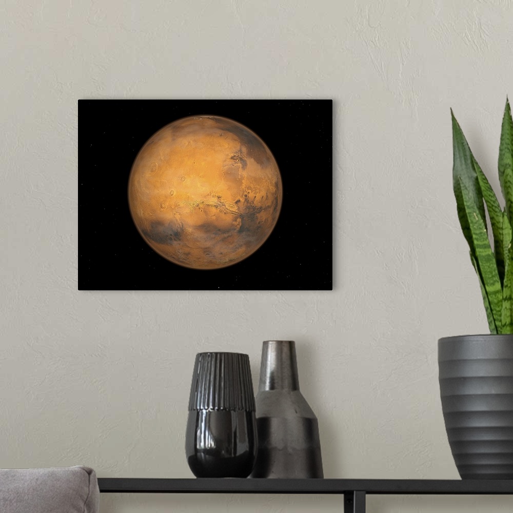 A modern room featuring A full Mars. In this image the massive volcano Olympus Mons is clearly visible upper left of cent...