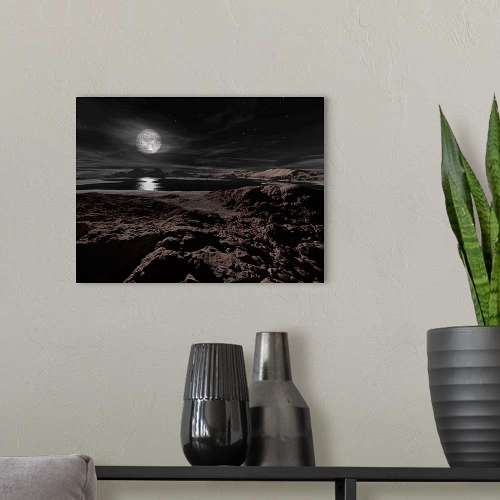 A modern room featuring Pluto's moon, Charon, hovers above the pinkish, frozen landscape of the icy planet.