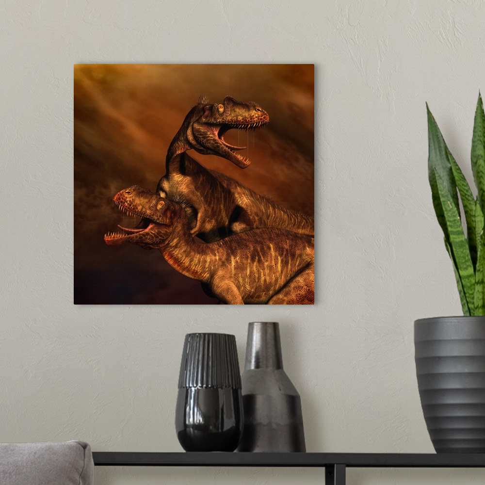 A modern room featuring Portrait of a pair of Megalosaurus dinosaurs.