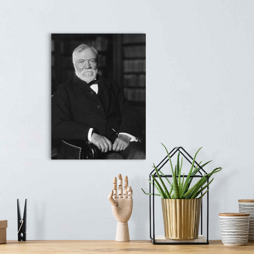 A bohemian room featuring Vintage American history photo of Andrew Carnegie seated in a library. By Frances Benjamin Johnst...