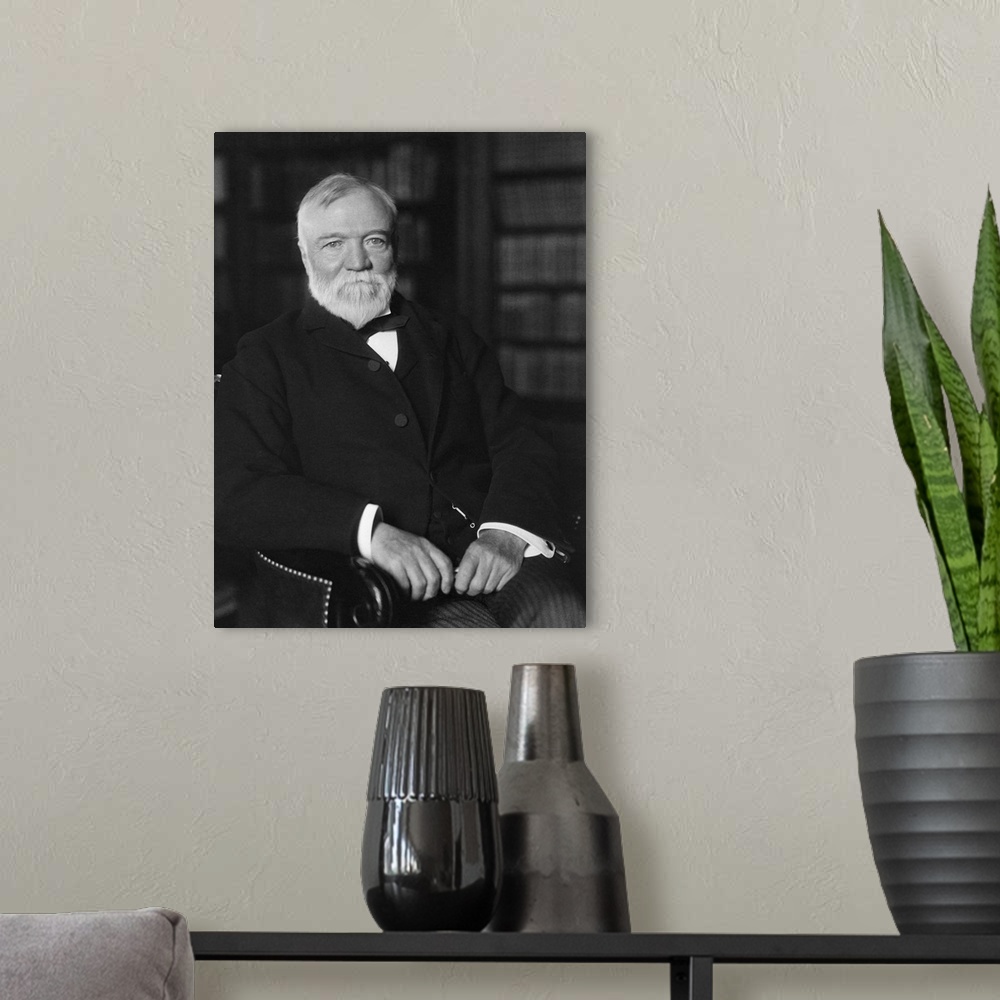 A modern room featuring Vintage American history photo of Andrew Carnegie seated in a library. By Frances Benjamin Johnst...