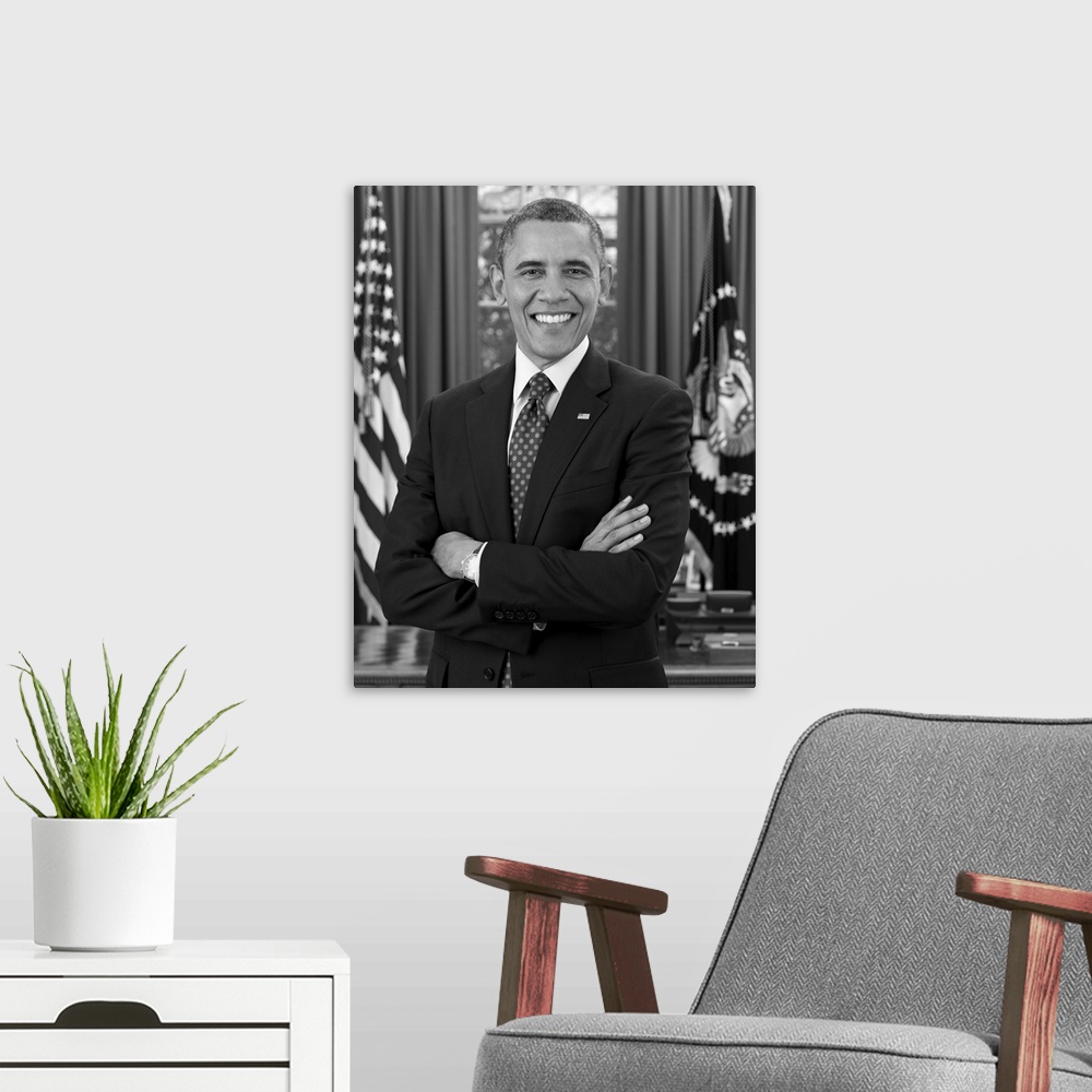 A modern room featuring Portrait of Barack Obama, 44th U.S. President, who was the first African American to occupy the o...