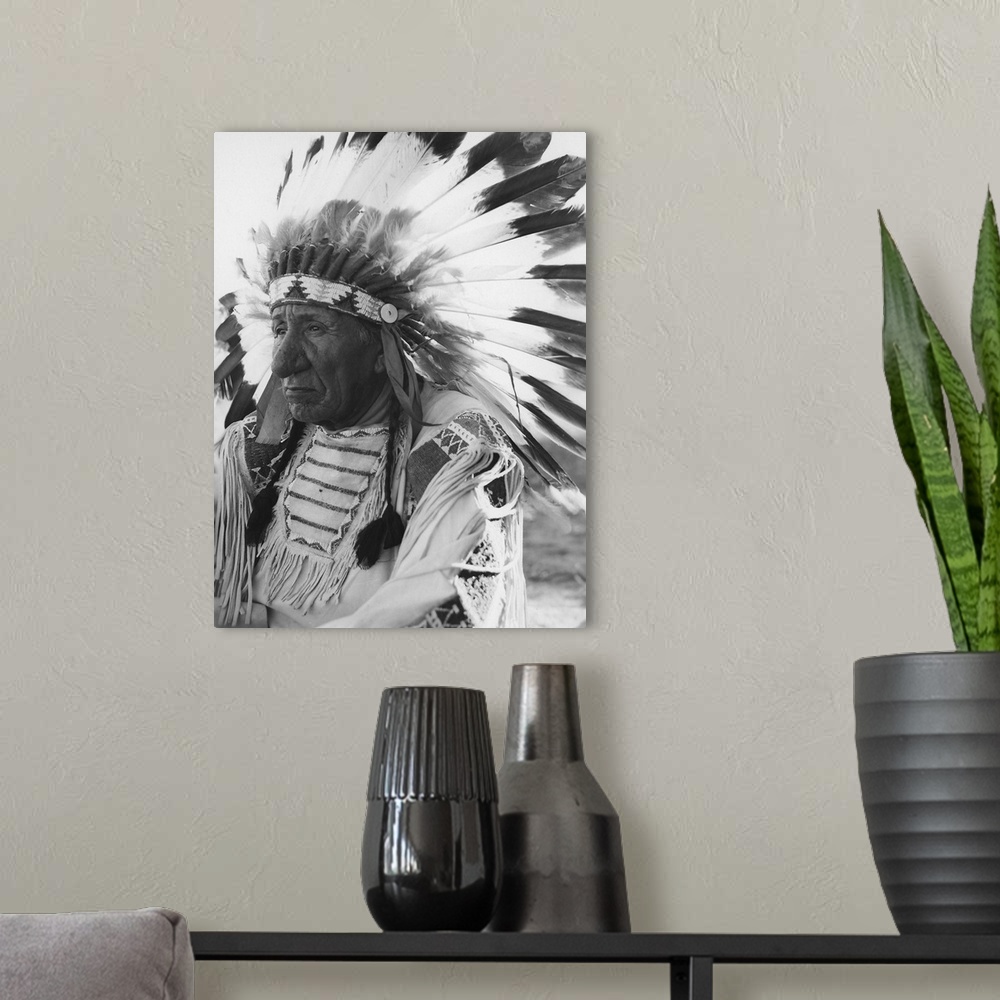 A modern room featuring Portrait of Chief Red Cloud in headdress.