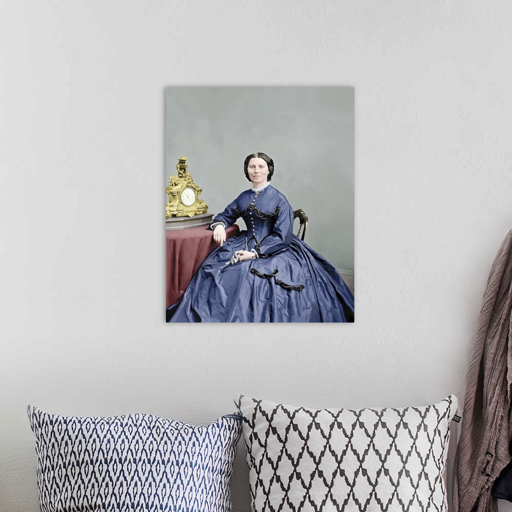 A bohemian room featuring Portrait of Miss Clara Barton, circa 1866. This photo has been digitally restored and colorized.