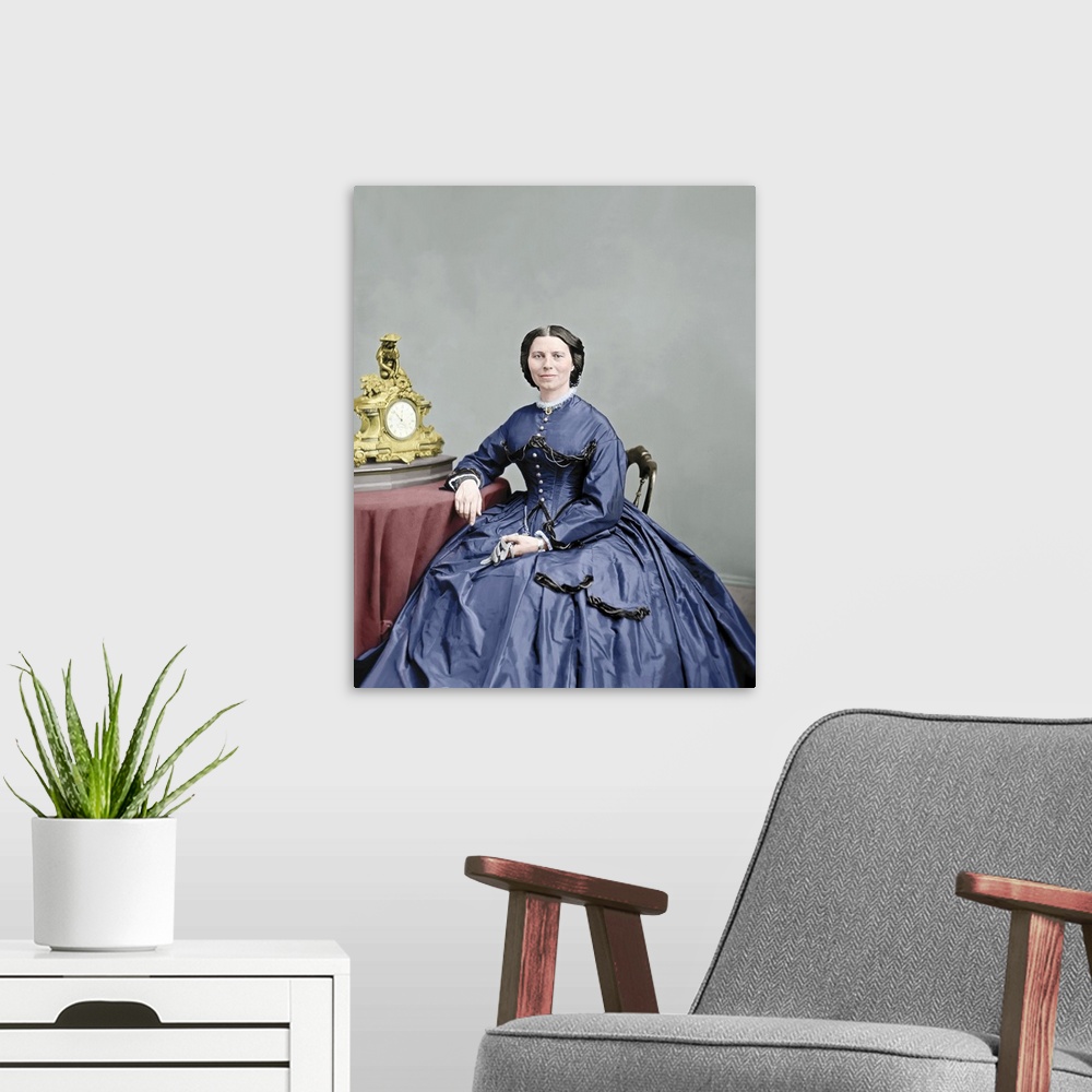 A modern room featuring Portrait of Miss Clara Barton, circa 1866. This photo has been digitally restored and colorized.