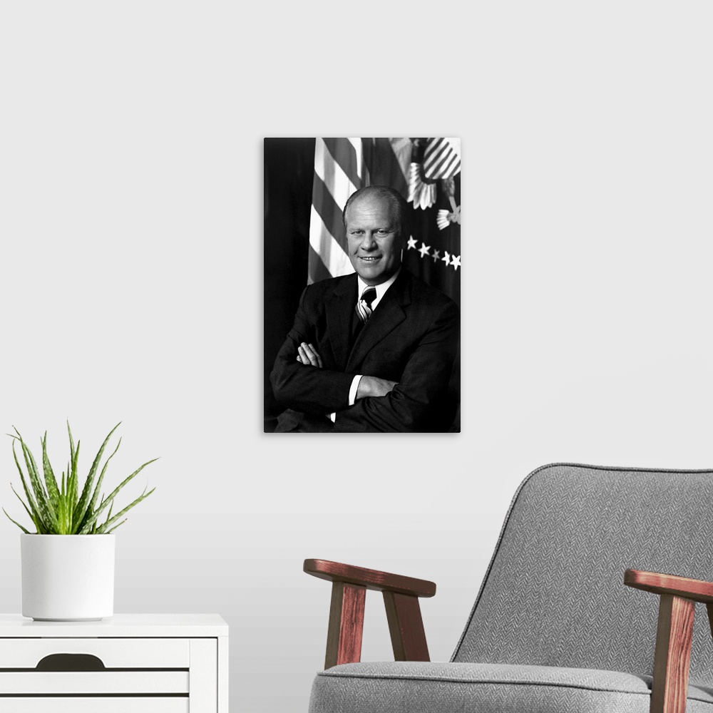A modern room featuring Portrait of President Gerald Ford. Photo taken August 1974.