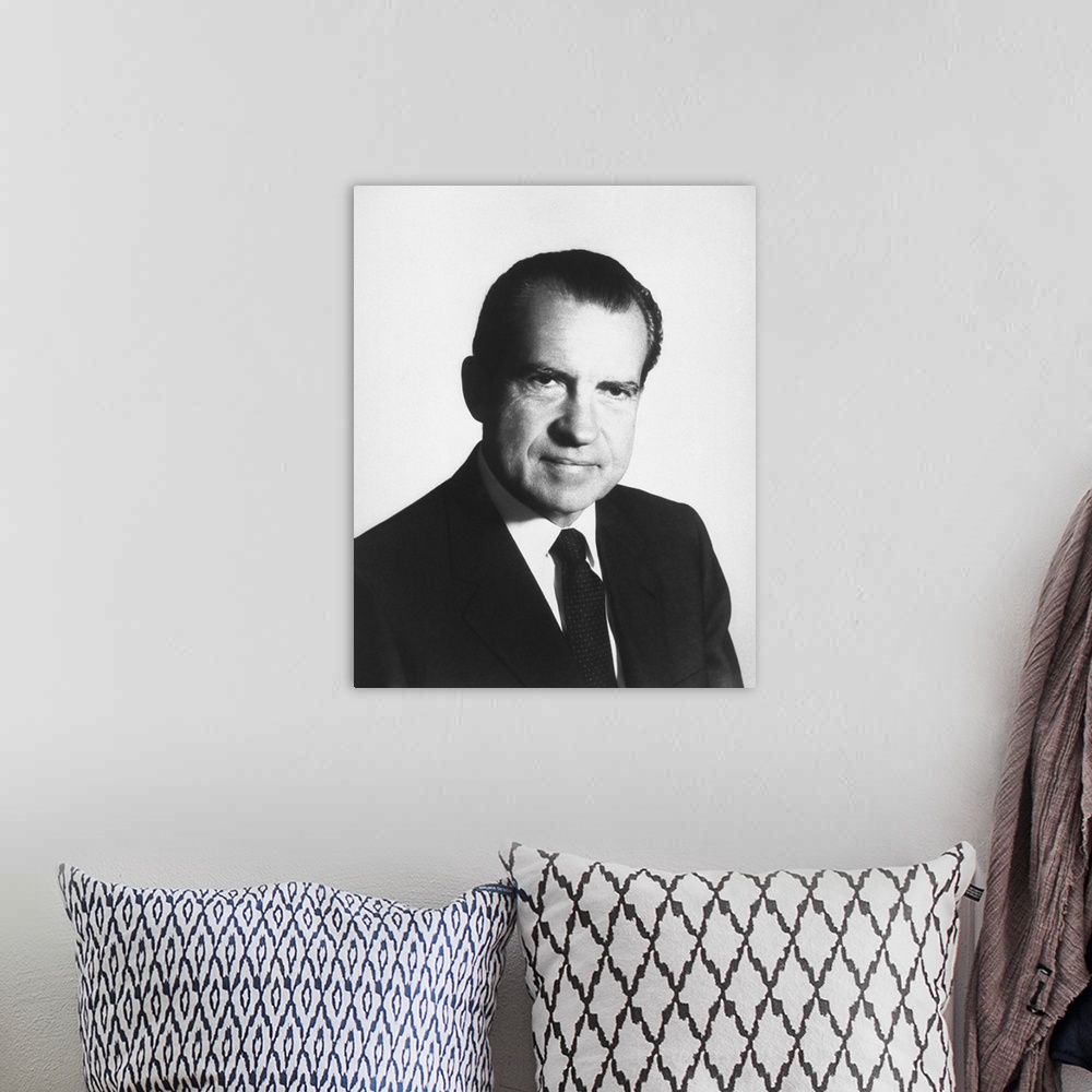 A bohemian room featuring Portrait of President Richard Nixon.