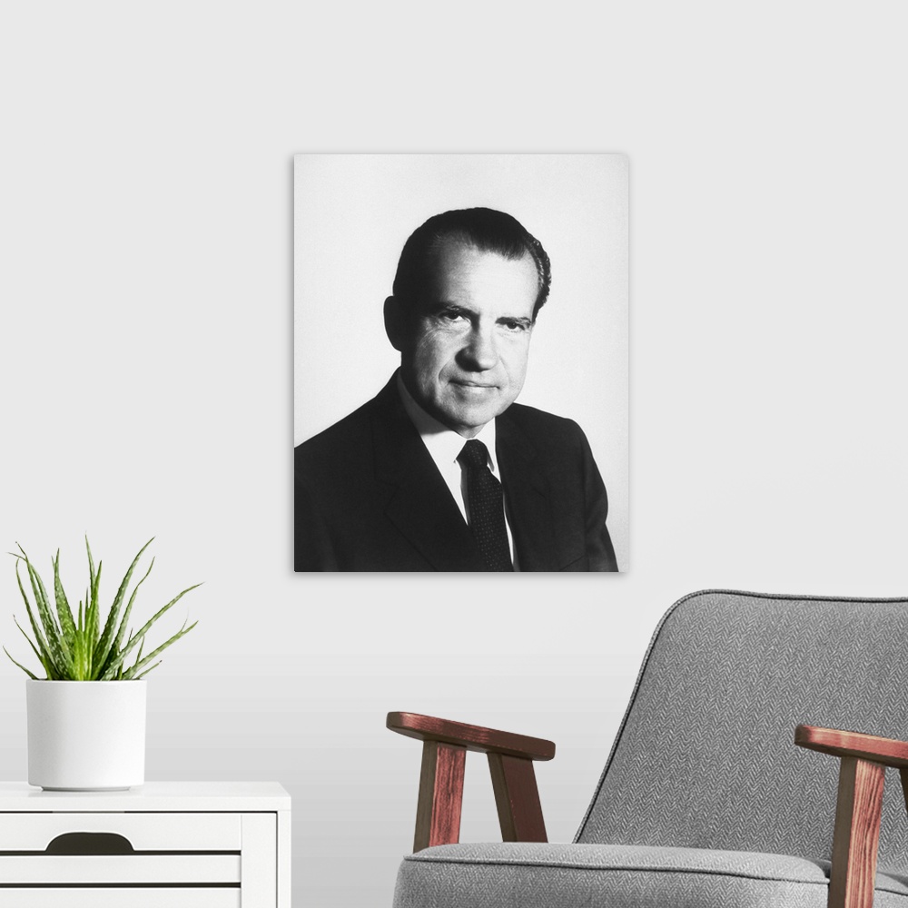 A modern room featuring Portrait of President Richard Nixon.