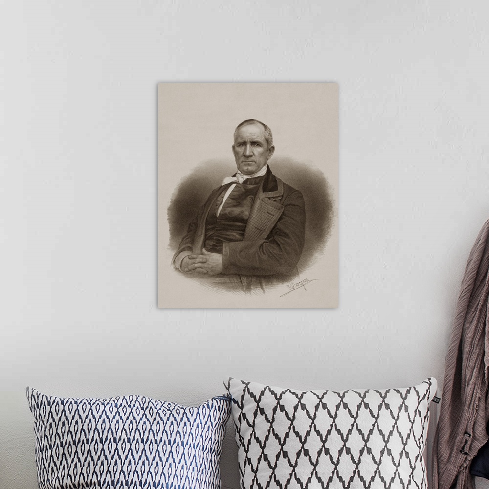 A bohemian room featuring Vintage American history image of politician and soldier, Samuel Houston.