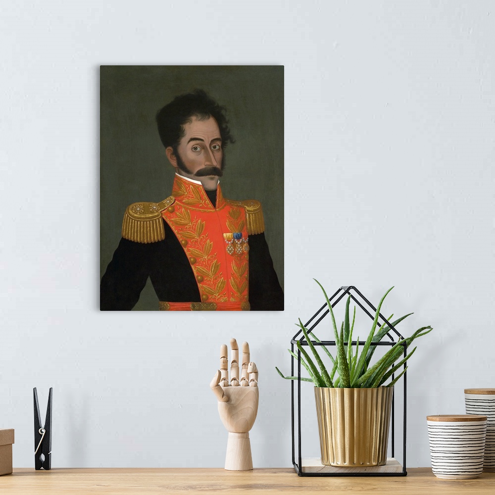 A bohemian room featuring Portrait painting of Simon Bolivar, a Venezuelan military and political leader.
