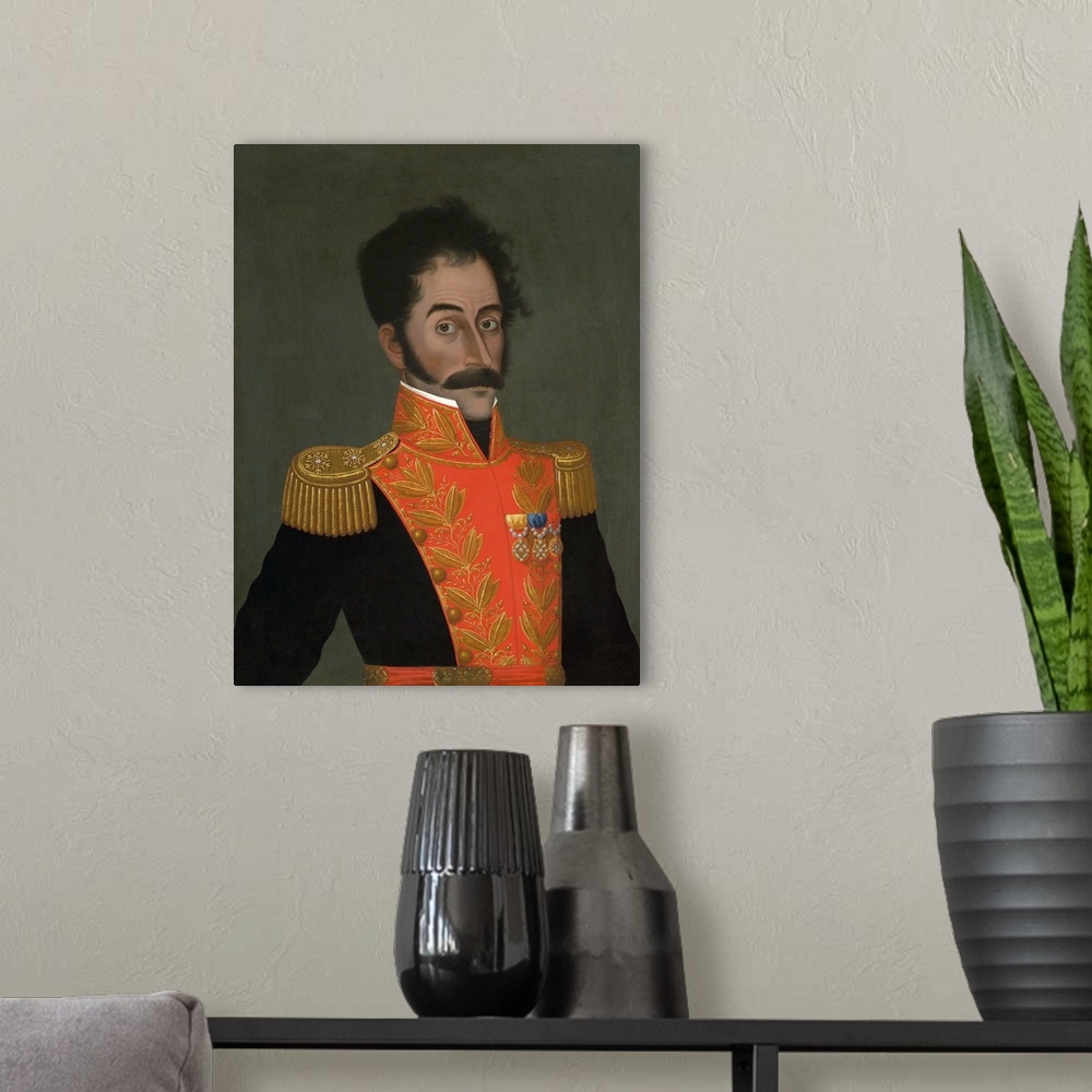 A modern room featuring Portrait painting of Simon Bolivar, a Venezuelan military and political leader.