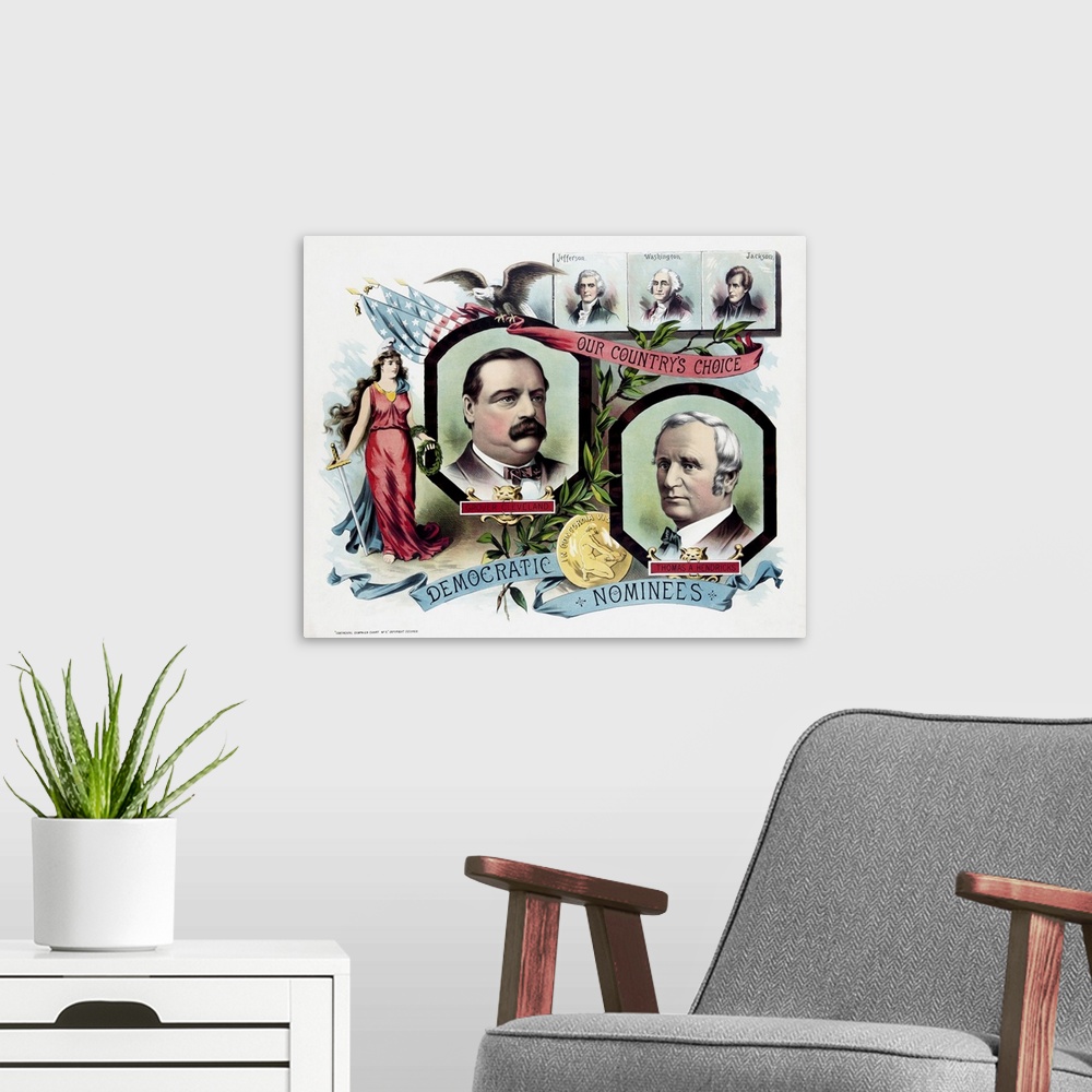 A modern room featuring Portraits of Grover Cleveland and Thomas Hendricks as democratic candidates for the post of Presi...
