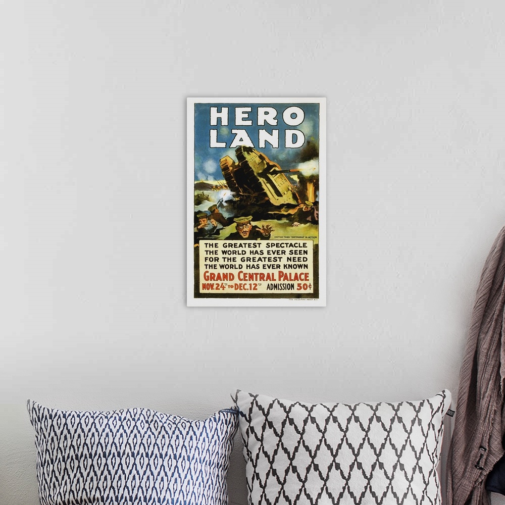 A bohemian room featuring U.S. military history artwork featuring a battle scene from Hero Land, a World War One fund-raisi...