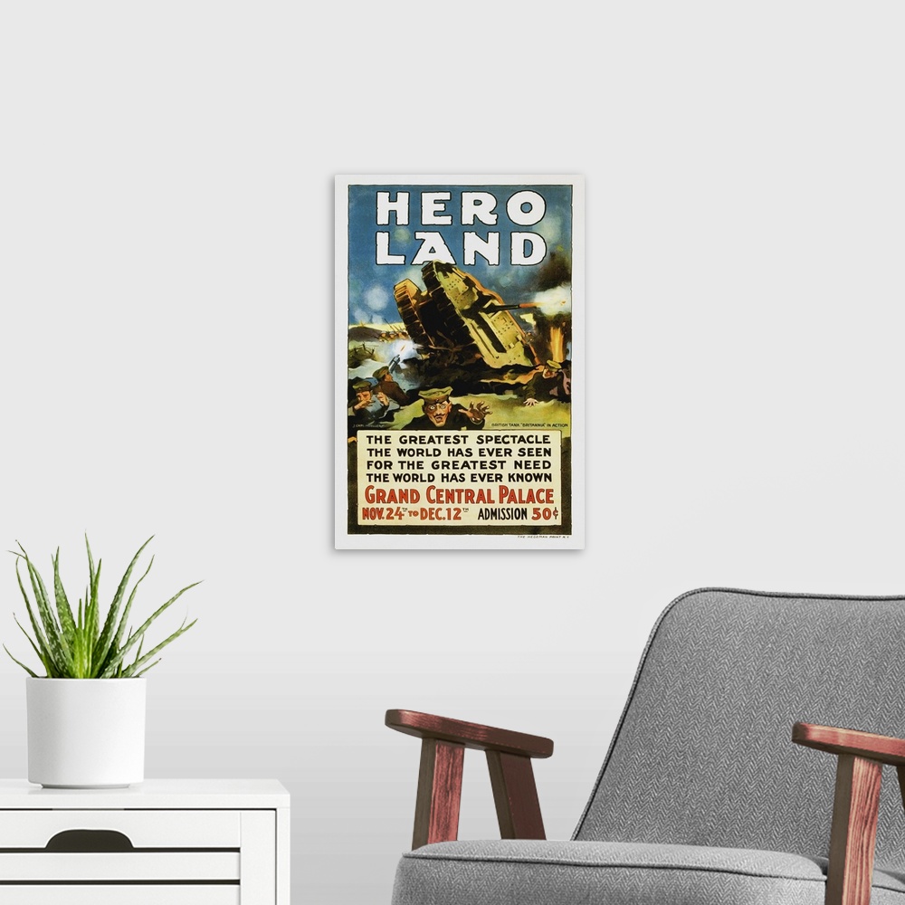 A modern room featuring U.S. military history artwork featuring a battle scene from Hero Land, a World War One fund-raisi...