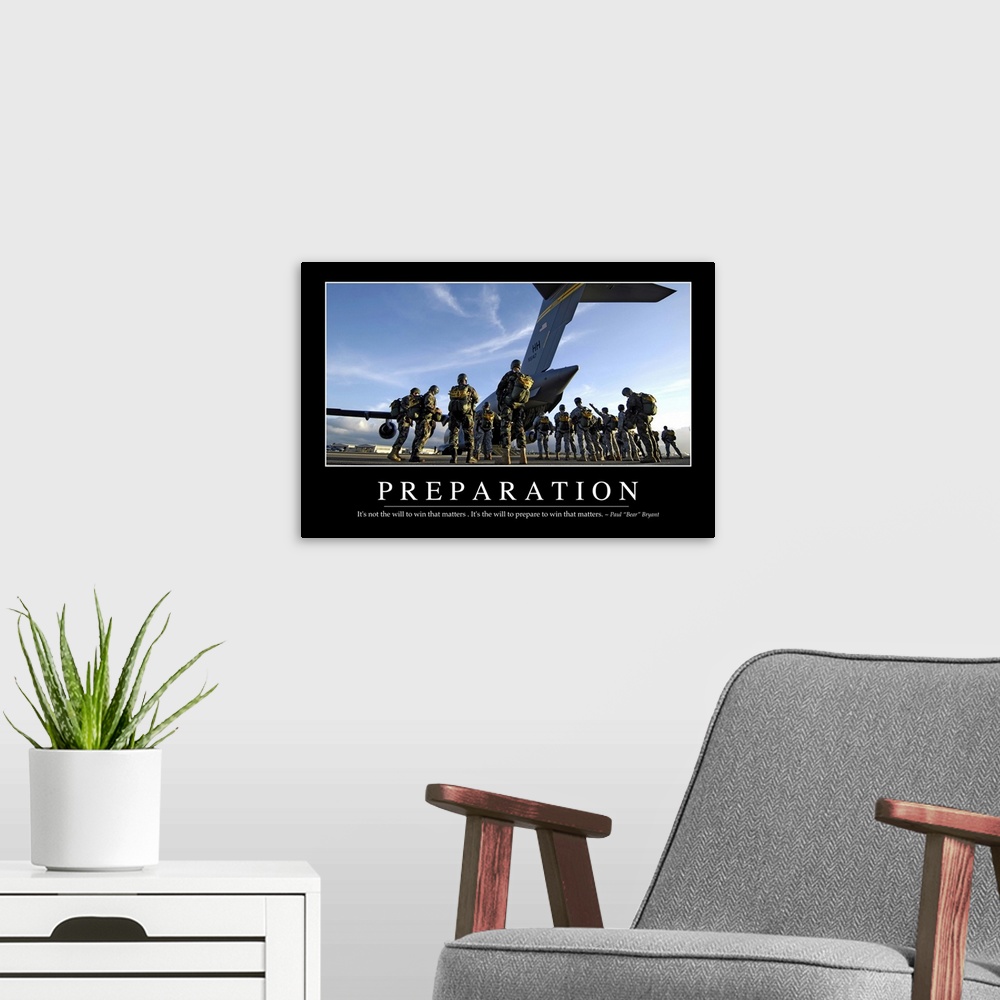A modern room featuring Preparation: Inspirational Quote and Motivational Poster