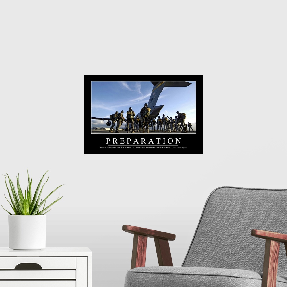 A modern room featuring Preparation: Inspirational Quote and Motivational Poster