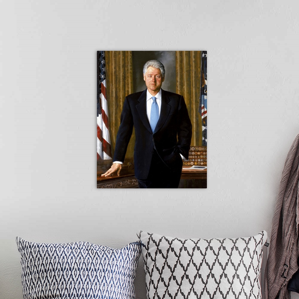 A bohemian room featuring Digitally restored American History poster of the Official White House painting of President Bill...