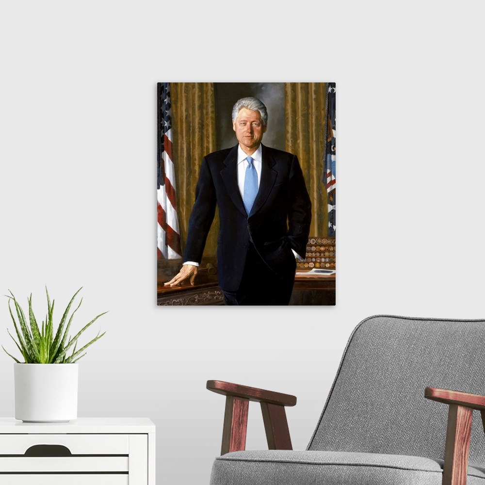 A modern room featuring Digitally restored American History poster of the Official White House painting of President Bill...