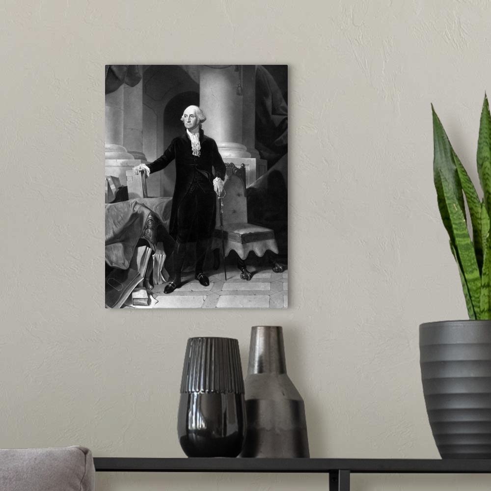 A modern room featuring Vintage American History print of President George Washington standing, with one hand on a book a...