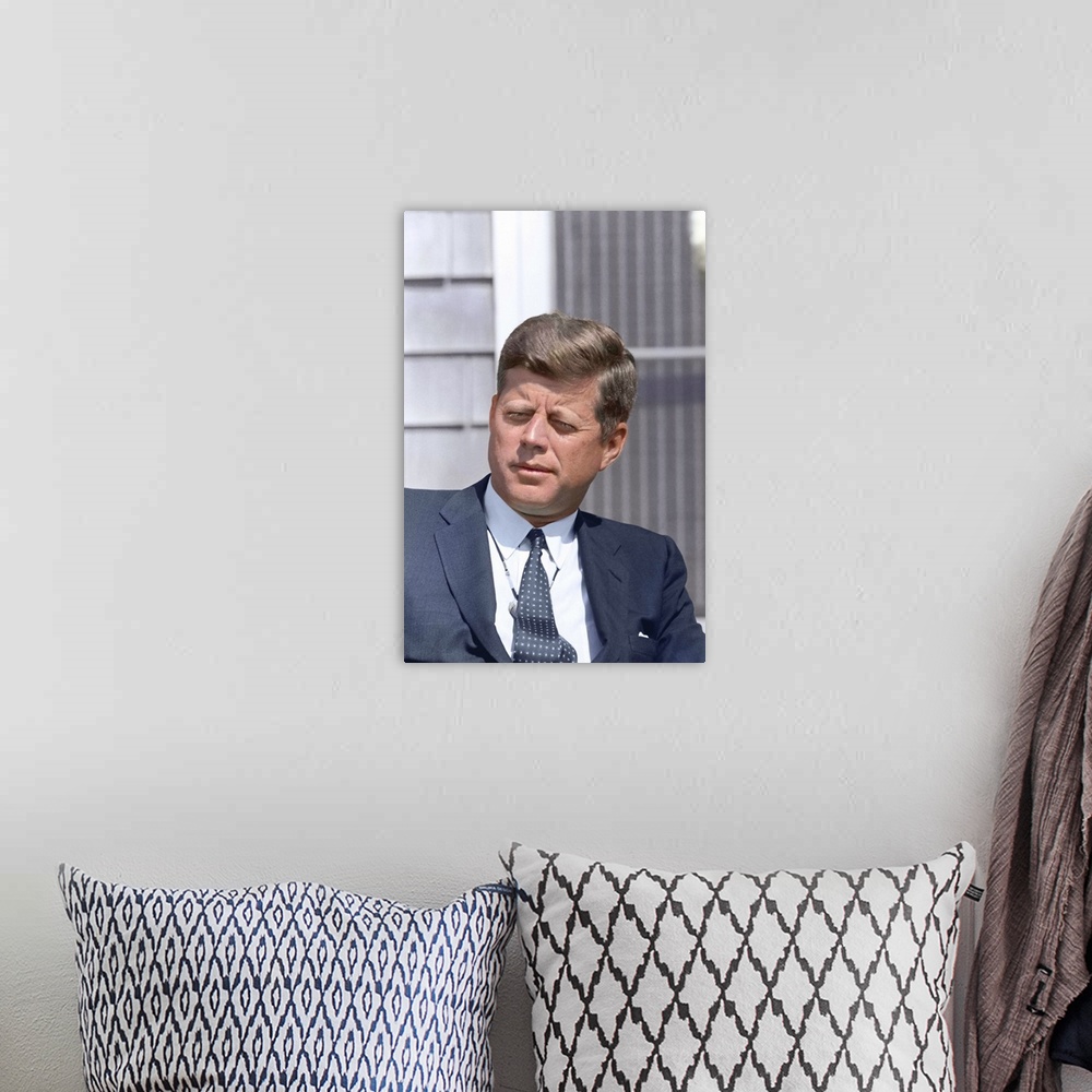A bohemian room featuring Digitally restored photo of President John F. Kennedy.