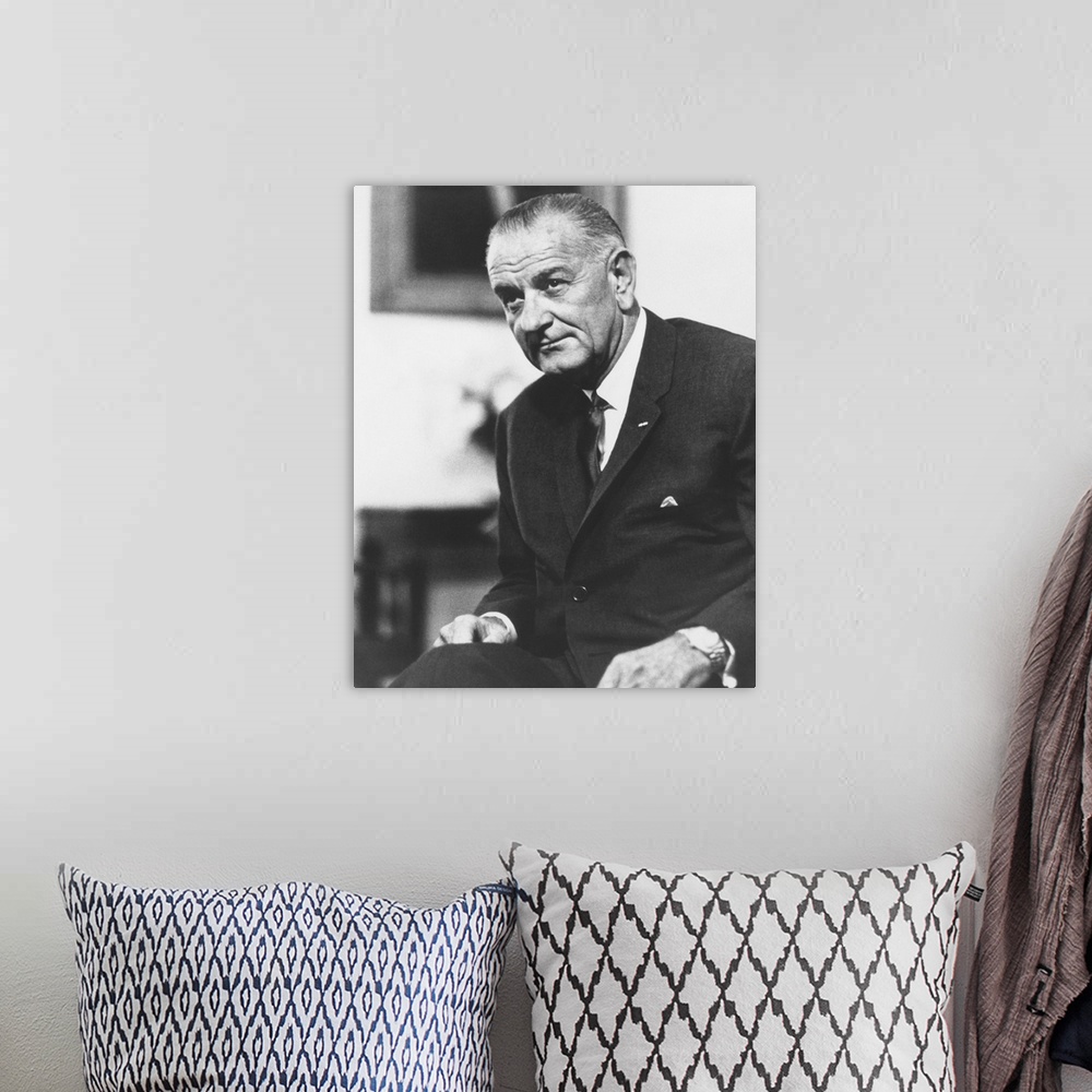 A bohemian room featuring Digitally restored American history photo of President Lyndon Baines Johnson.