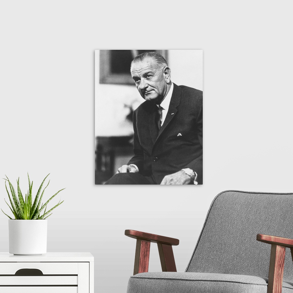 A modern room featuring Digitally restored American history photo of President Lyndon Baines Johnson.