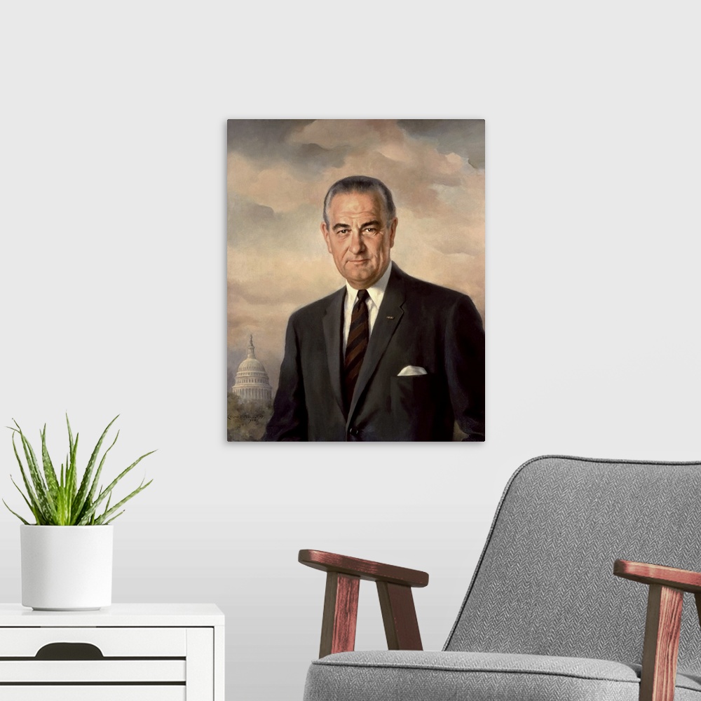 A modern room featuring Presidential portait of Lyndon Baines Johnson.