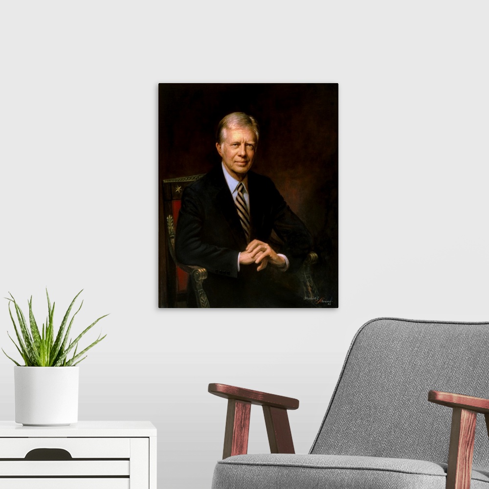 A modern room featuring Presidential portrait of Jimmy Carter.