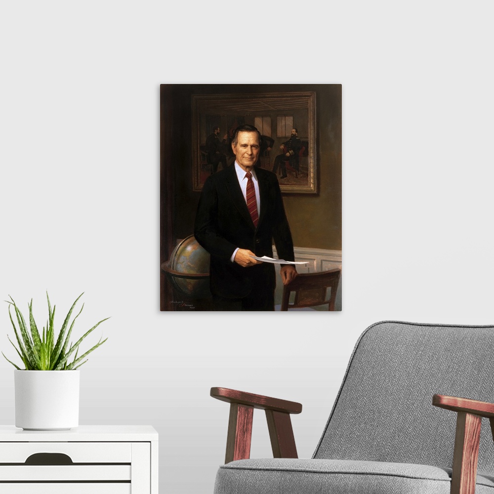 A modern room featuring Presidential portrait of President George H.W. Bush.