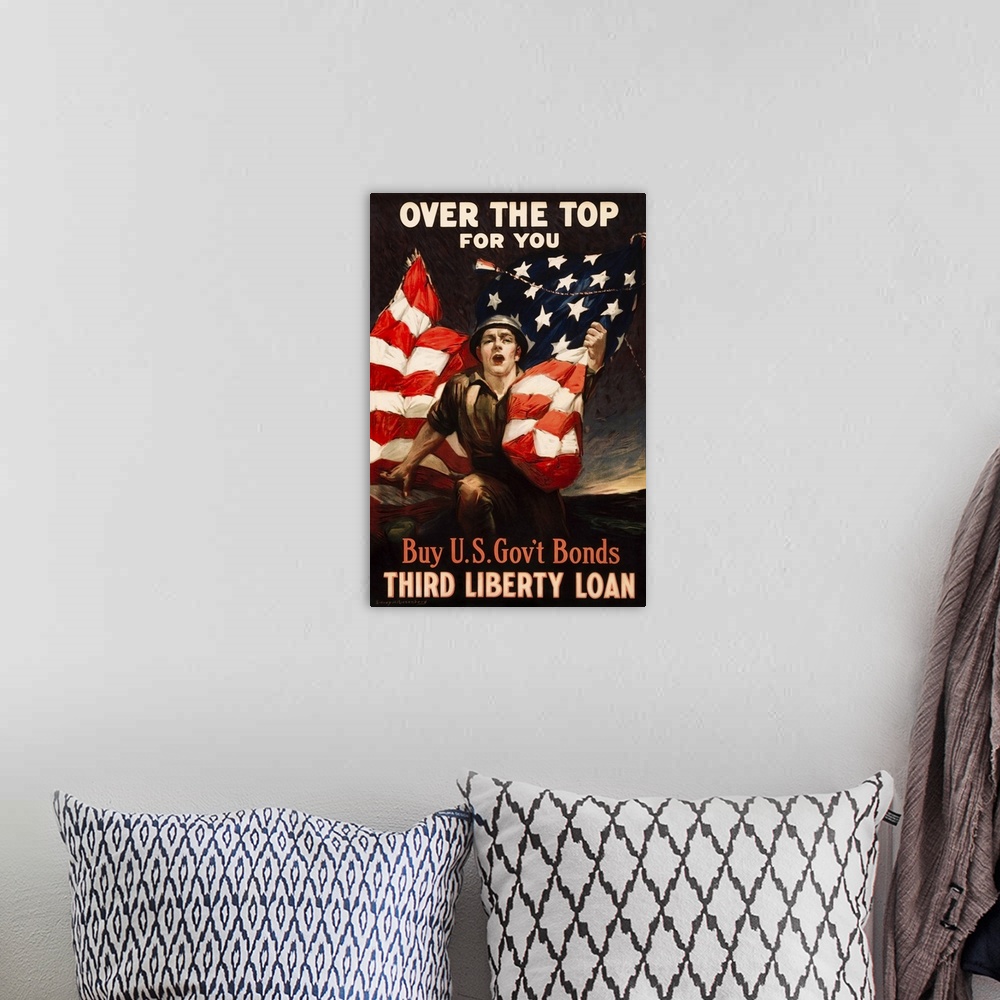 A bohemian room featuring 20th century U.S. military print of a U.S. soldier clutching an American flag, the caption on top...