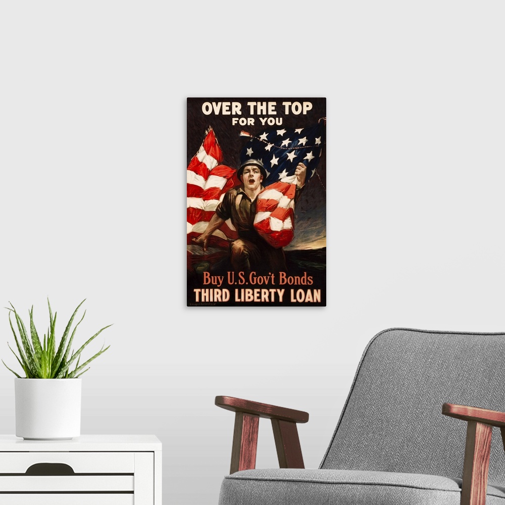 A modern room featuring 20th century U.S. military print of a U.S. soldier clutching an American flag, the caption on top...