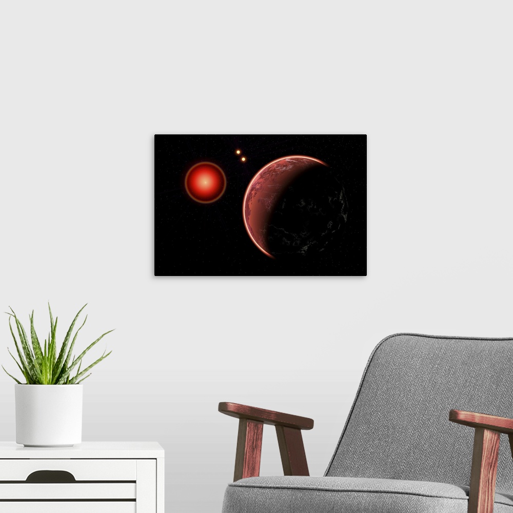 A modern room featuring Proxima b planet orbiting the Proxima Centauri red dwarf star.