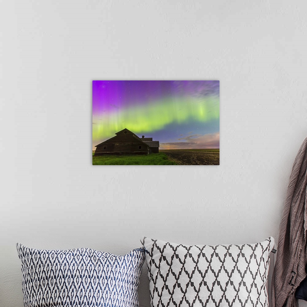 A bohemian room featuring June 7-8, 2014 - An all-sky aurora with green and purple curtains in southern Alberta, Canada. Ca...
