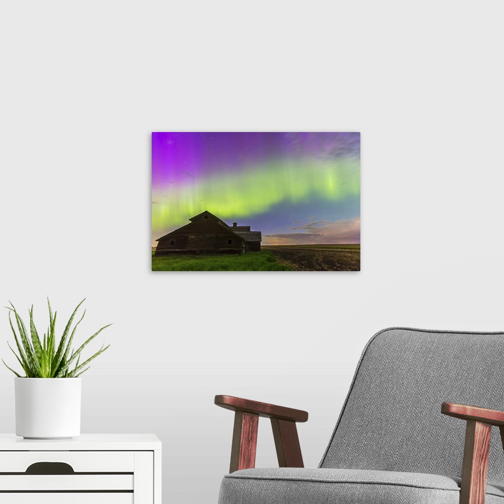 A modern room featuring June 7-8, 2014 - An all-sky aurora with green and purple curtains in southern Alberta, Canada. Ca...