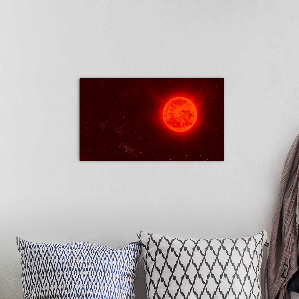 A bohemian room featuring Red dwarf Sun floating through space.