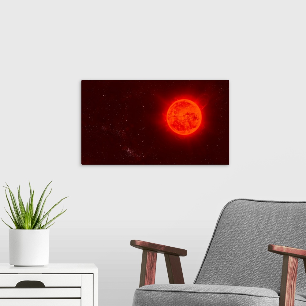 A modern room featuring Red dwarf Sun floating through space.