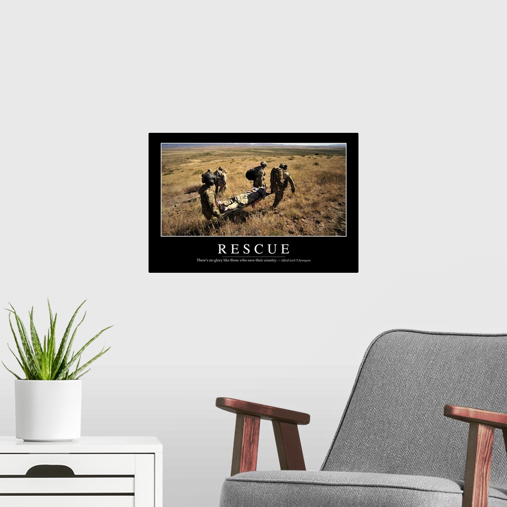 A modern room featuring Rescue: Inspirational Quote and Motivational Poster
