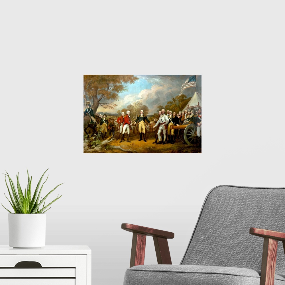A modern room featuring Giant, horizontal painting of a landscape scene during the Revolutionary War showing the surrende...