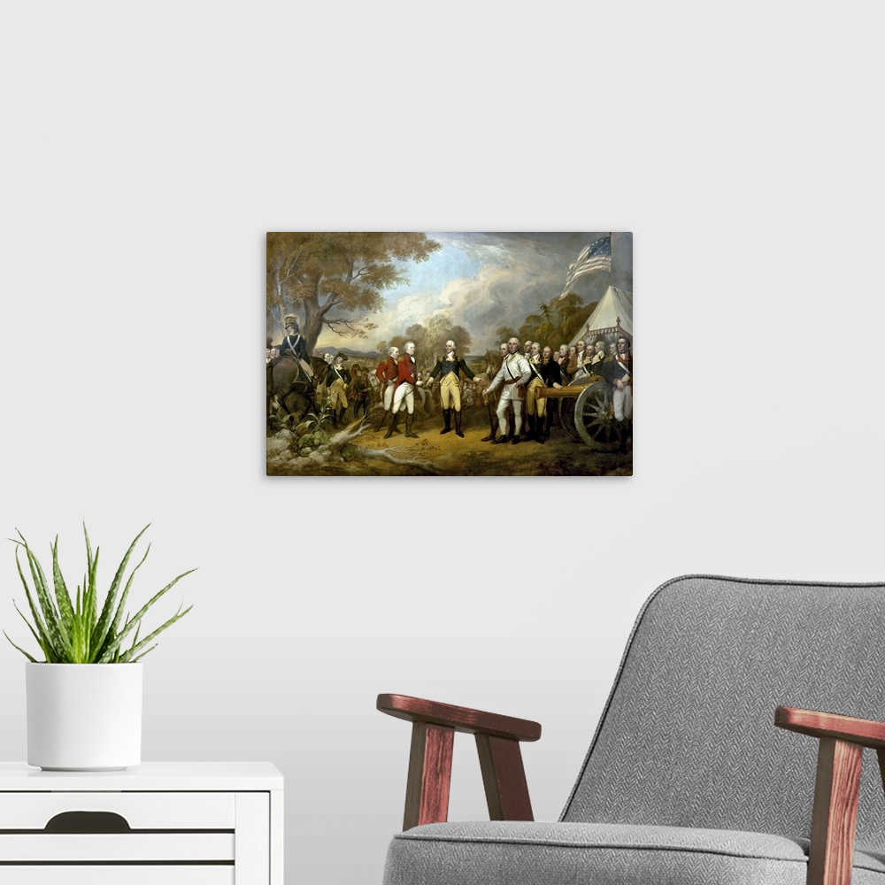 A modern room featuring Revolutionary War Painting showing the surrender of British General John Burgoyne at Saratoga, on...