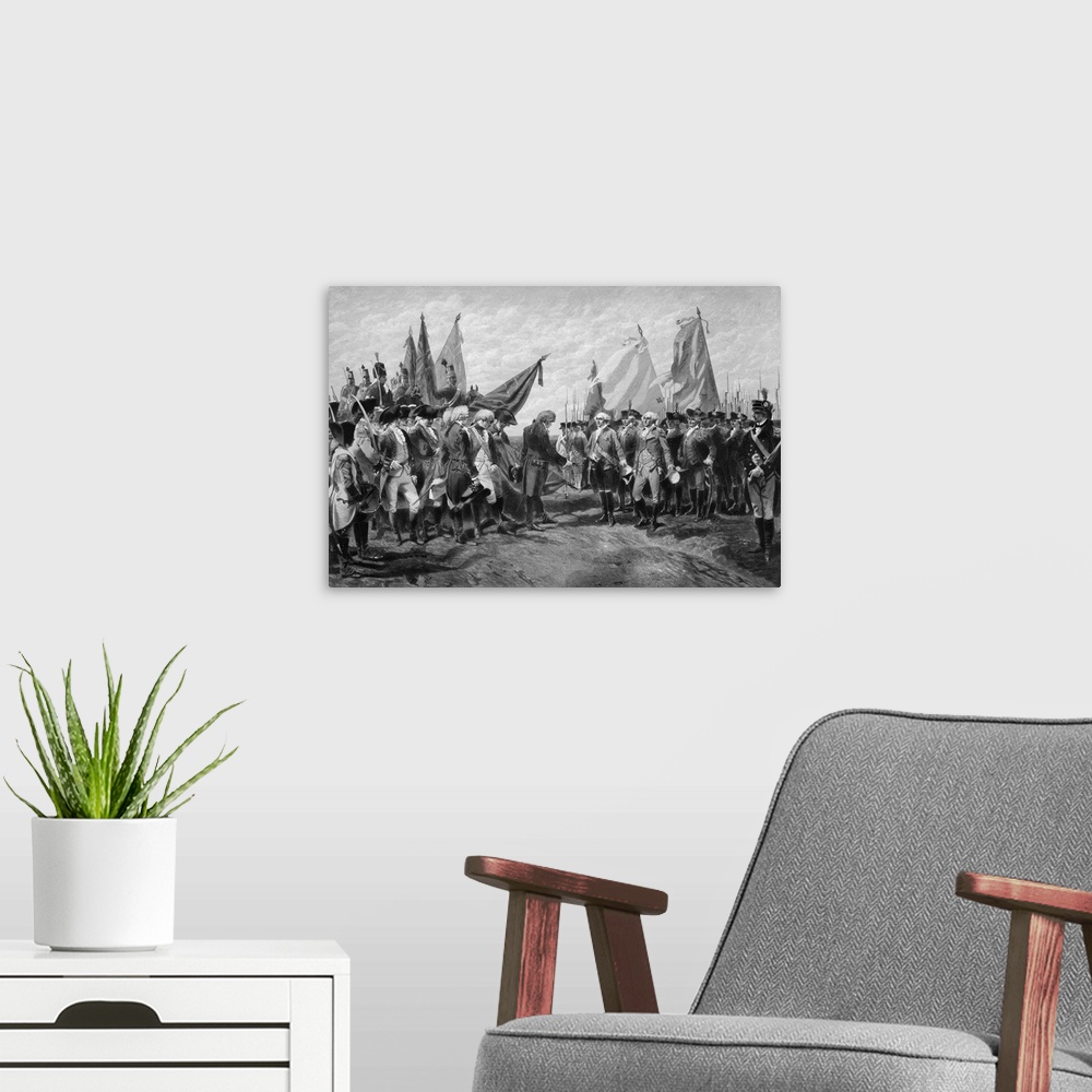 A modern room featuring Revolutionary War print showing the surrender of British troops.