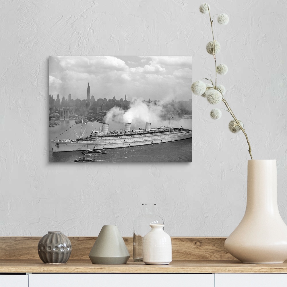 A farmhouse room featuring Vintage World War II photo of the British liner RMS Queen Mary arriving in New York harbor, June ...