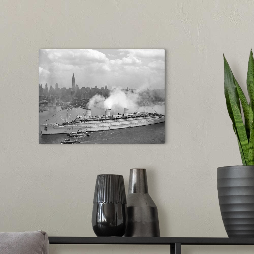 A modern room featuring Vintage World War II photo of the British liner RMS Queen Mary arriving in New York harbor, June ...