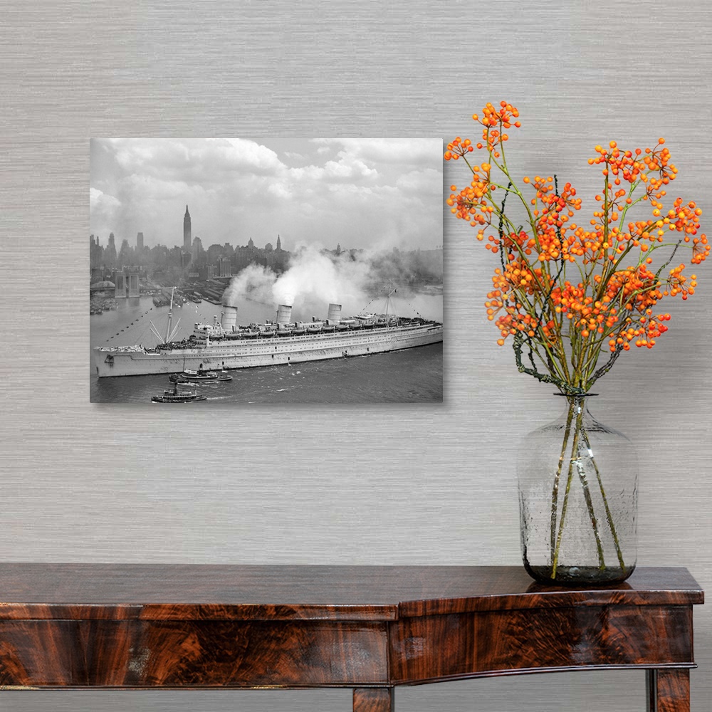 A traditional room featuring Vintage World War II photo of the British liner RMS Queen Mary arriving in New York harbor, June ...