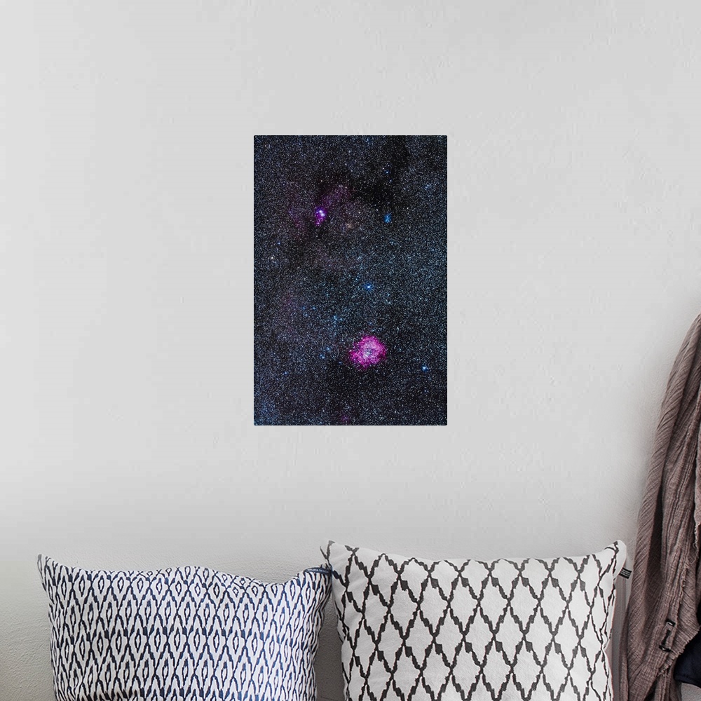 A bohemian room featuring The area of the Rosette Nebula (bottom) and Christmas Tree Cluster (top) in Monoceros. The nebulo...
