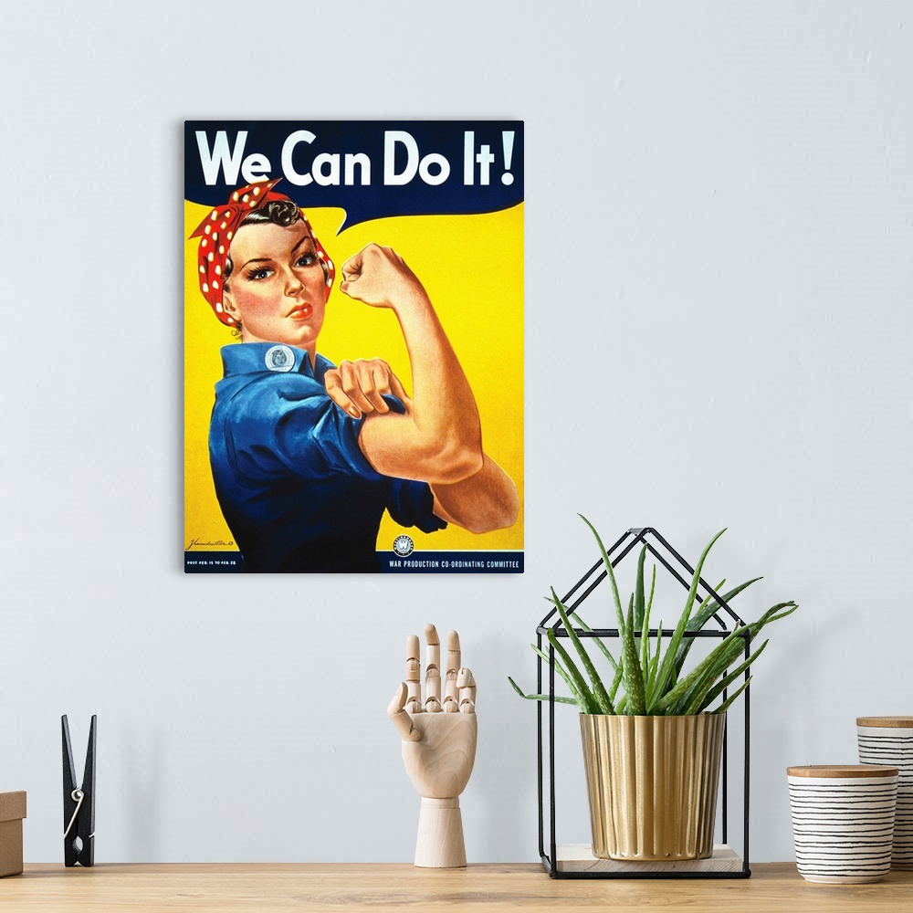 A bohemian room featuring Rosie The Riveter vintage war poster from World War II.