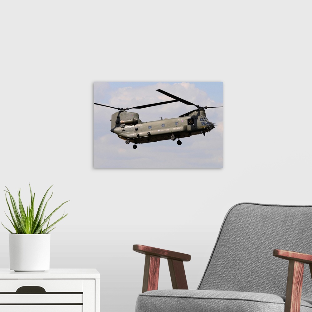A modern room featuring Royal Air Force Chinook helicopter.