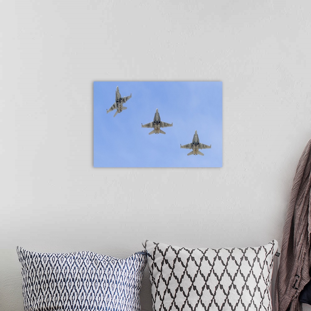 A bohemian room featuring Royal Australian Air Force F/A-18A Hornets break overhead.
