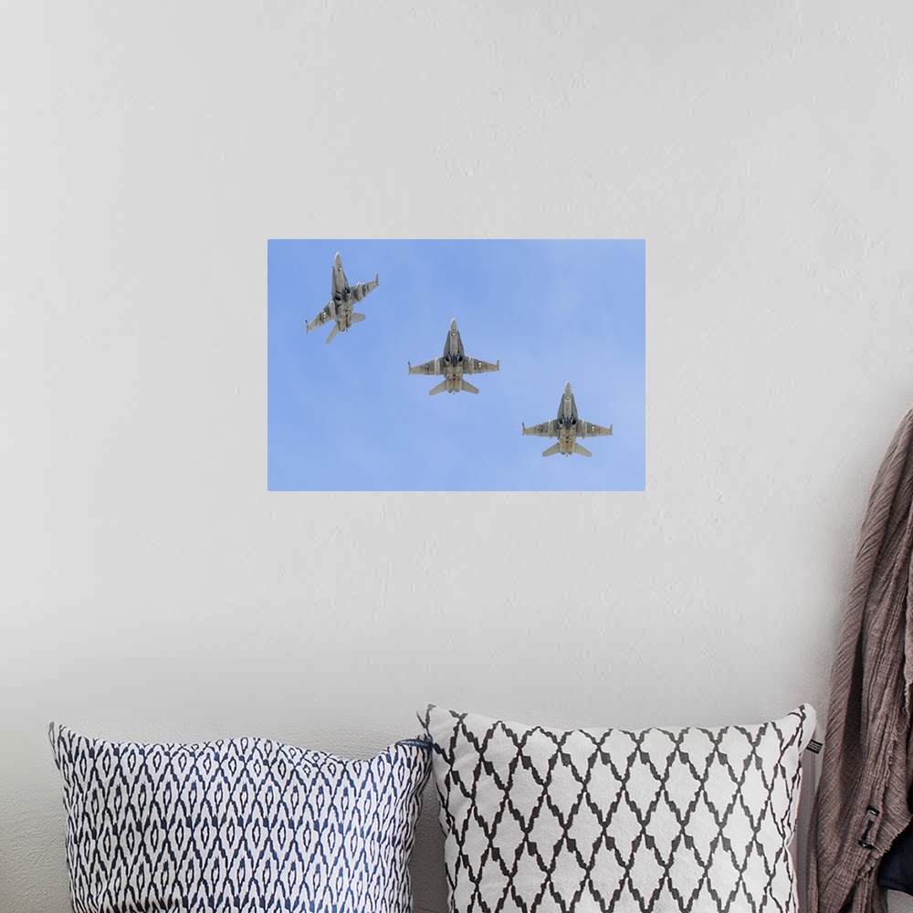 A bohemian room featuring Royal Australian Air Force F/A-18A Hornets break overhead.