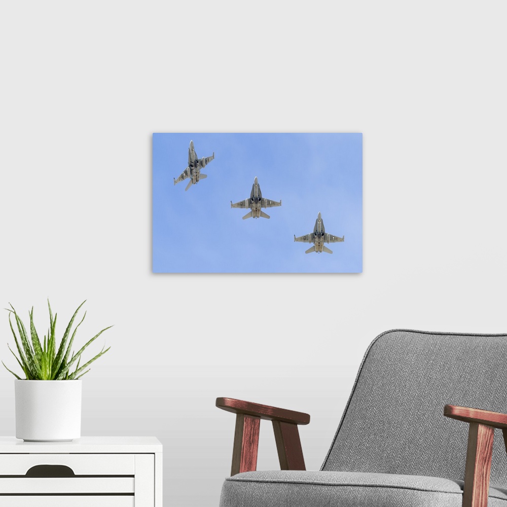 A modern room featuring Royal Australian Air Force F/A-18A Hornets break overhead.