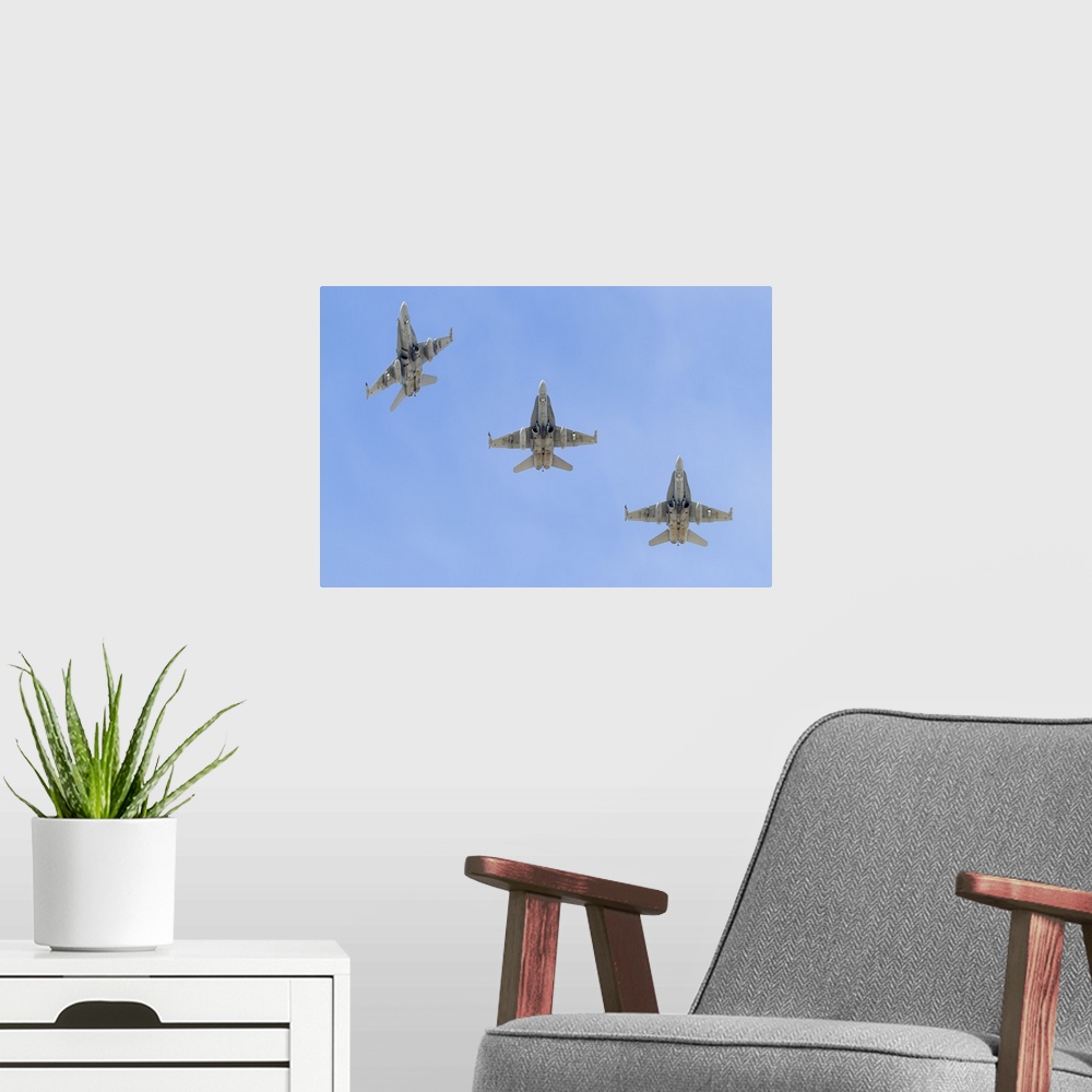 A modern room featuring Royal Australian Air Force F/A-18A Hornets break overhead.